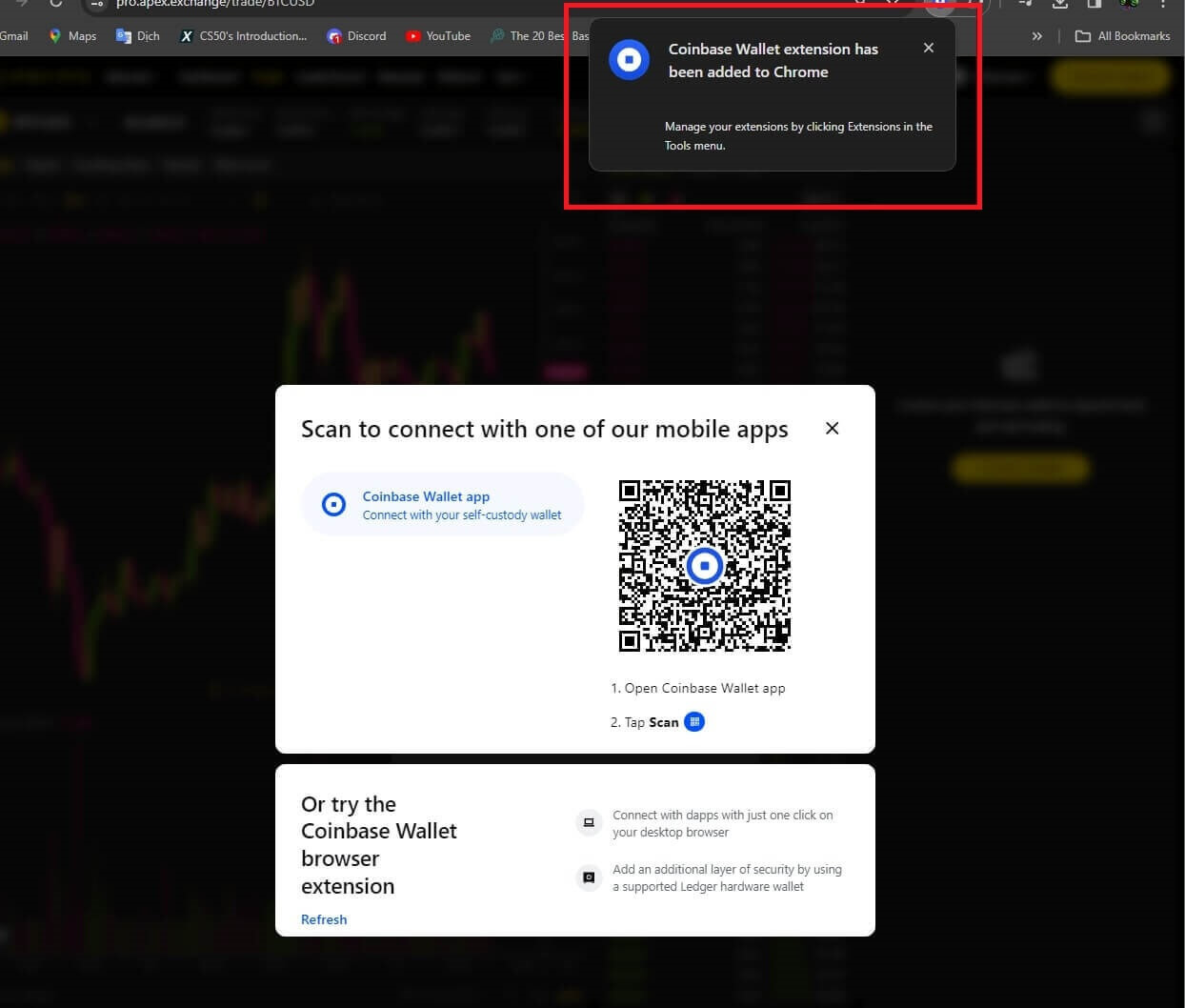 E faʻafefea ona faʻafesoʻotaʻi le atotupe i le ApeX e ala i le Coinbase Wallet E faʻafefea ona faʻafesoʻotaʻi le atotupe i le ApeX e ala i le Coinbase Wallet